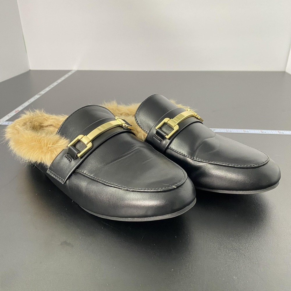 Mari A Shoes Womens Size 8 Black Faux Fur Lined Slip On Loafer Mules Old Money
